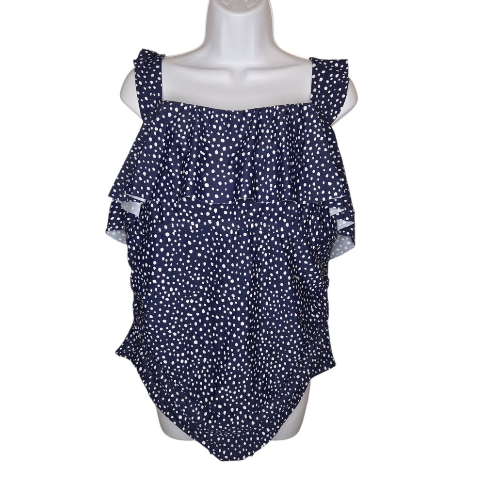 Kona Sol Navy White Polka Dot Ruffle Flounce One Piece Swimsuit Size 20